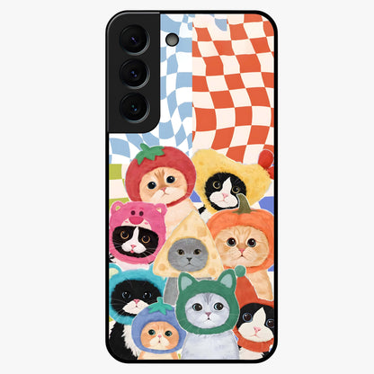 Cats in Fruits Glass Case showing flat back view with playful cat illustrations inside fruit artwork and glossy glass finish.