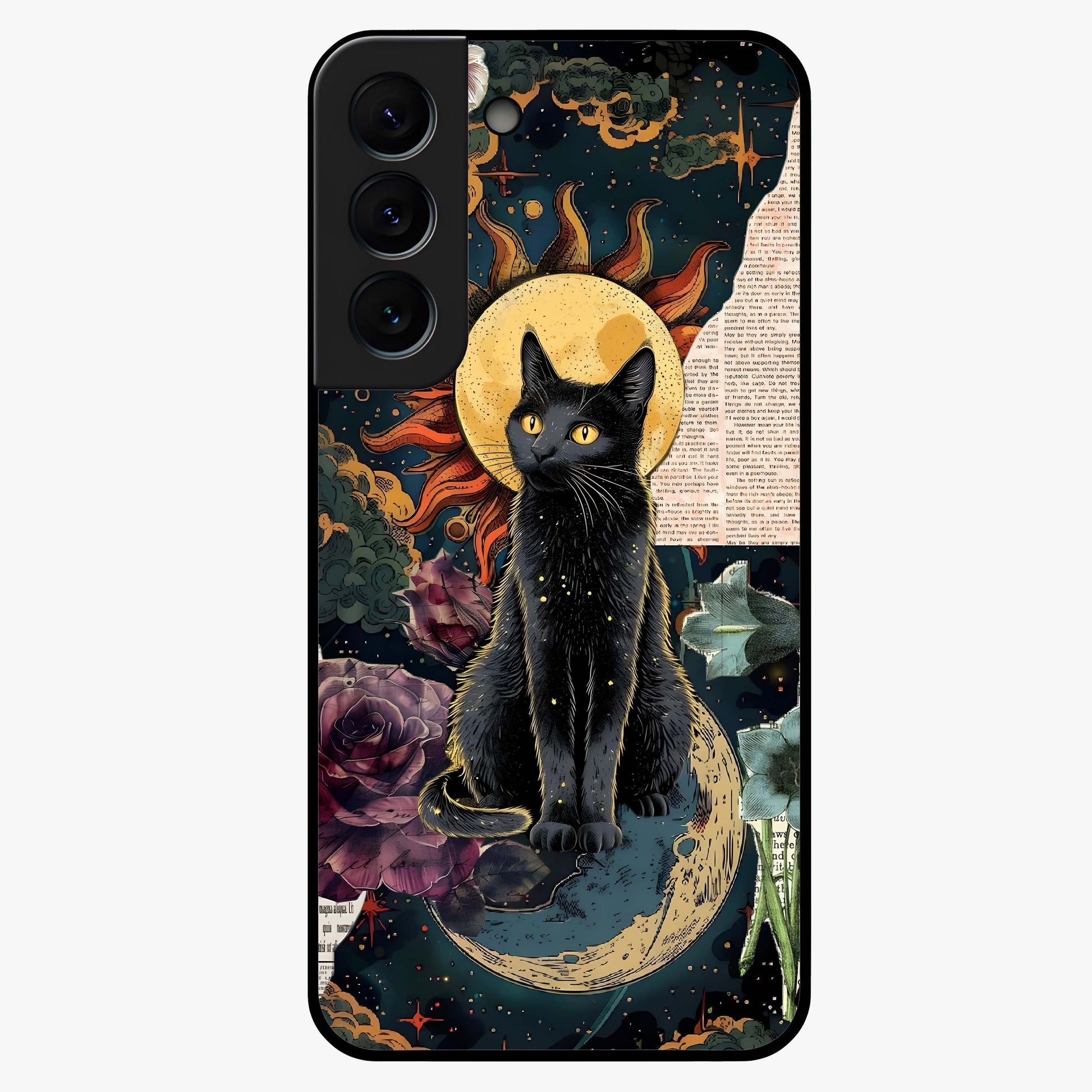 Celestial Black Cat Glass Case showing flat back view with mystical black cat artwork and glossy glass finish.