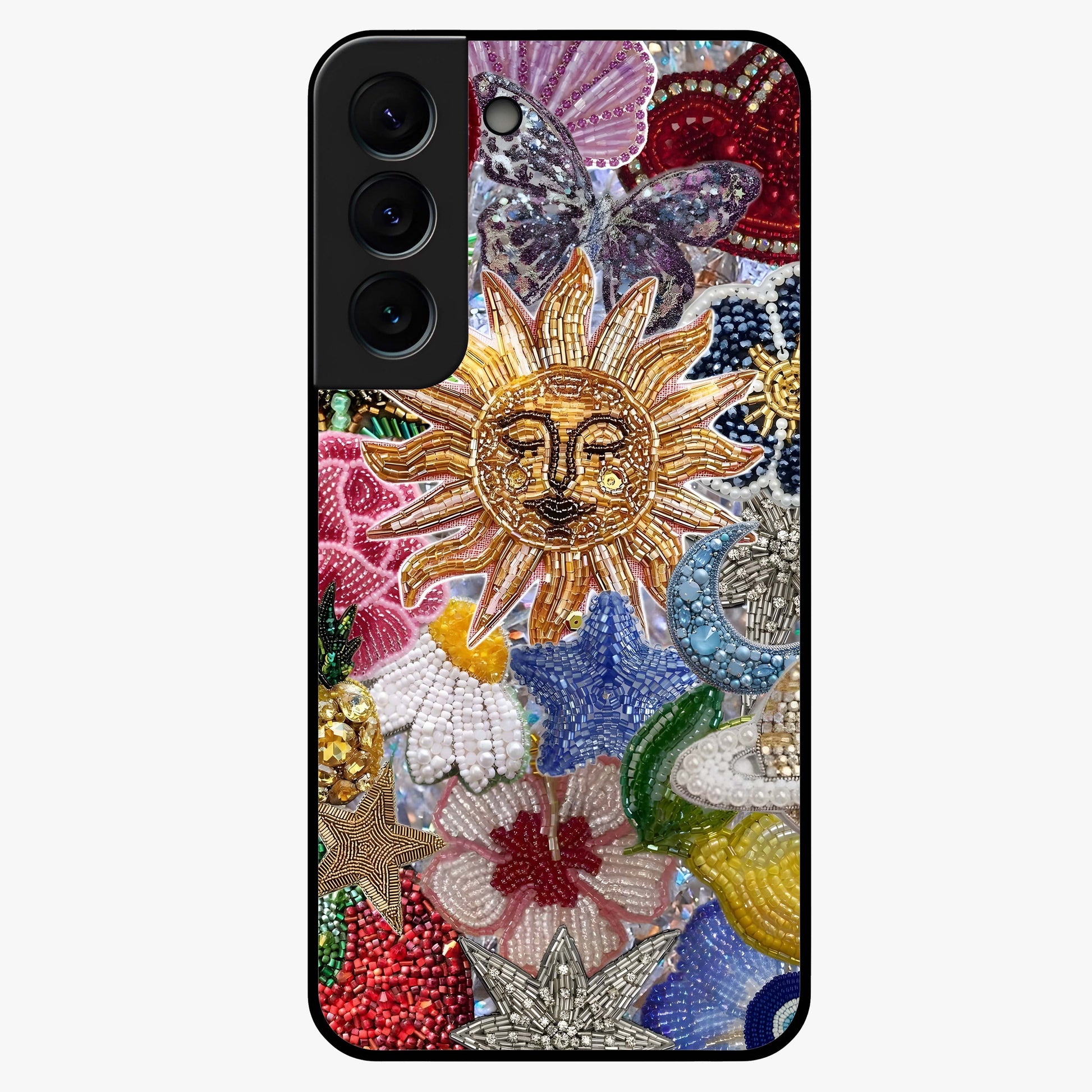 Celestial Floral and Playful Glass Case showing flat back view with floral and celestial themed artwork and glossy glass finish.