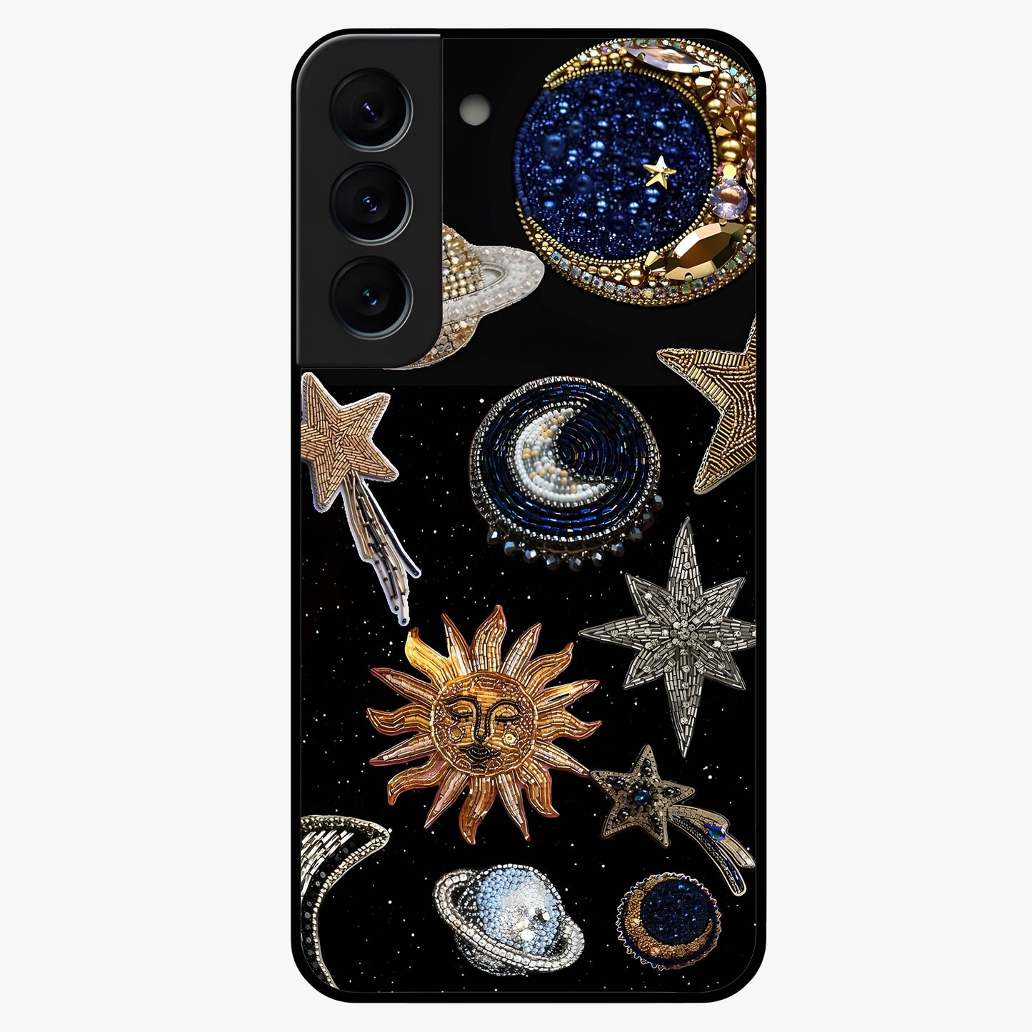 Celestial Gem Constellations Glass Case showing flat back view with sparkling constellation artwork and glossy glass finish.