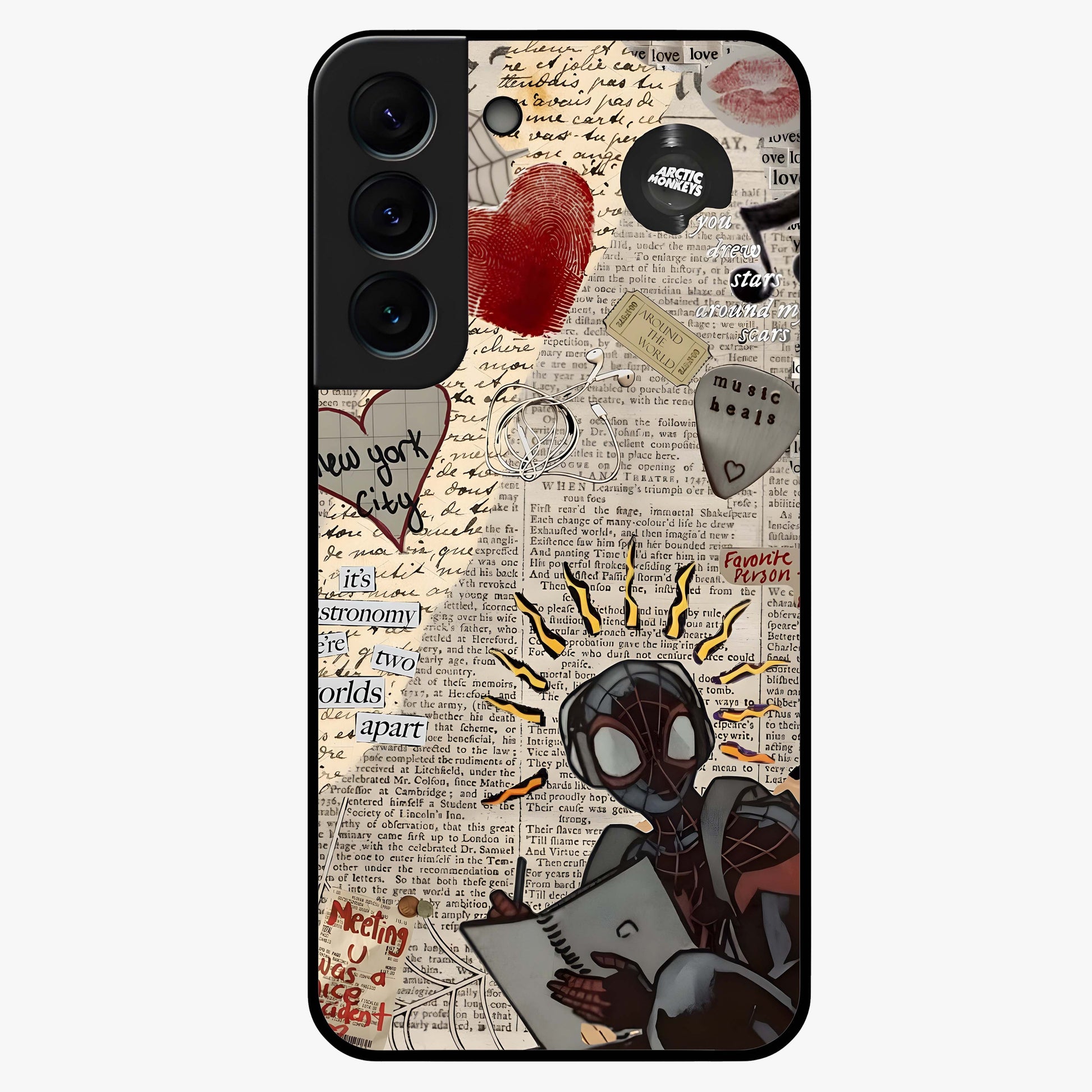 City Dream Sketch Glass Case showing flat back view with artistic city skyline sketch artwork and glossy glass finish.