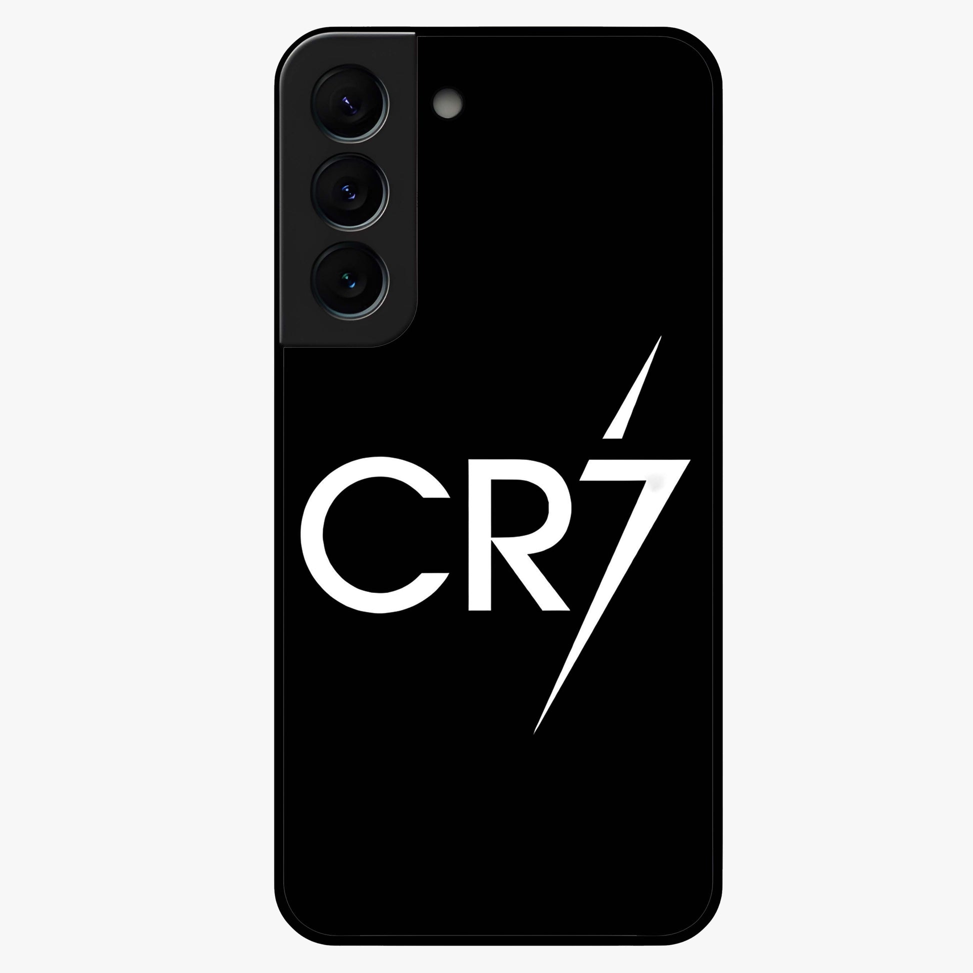 Cr7 Elite Strike Glass Case showing flat back view with dynamic football inspired artwork and glossy glass finish.