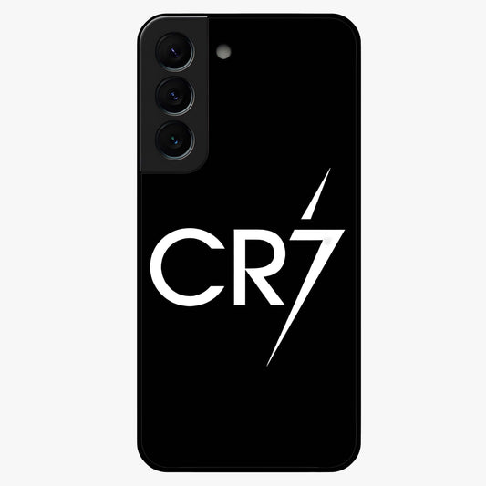 Cr7 Elite Strike Glass Case showing flat back view with dynamic football inspired artwork and glossy glass finish.