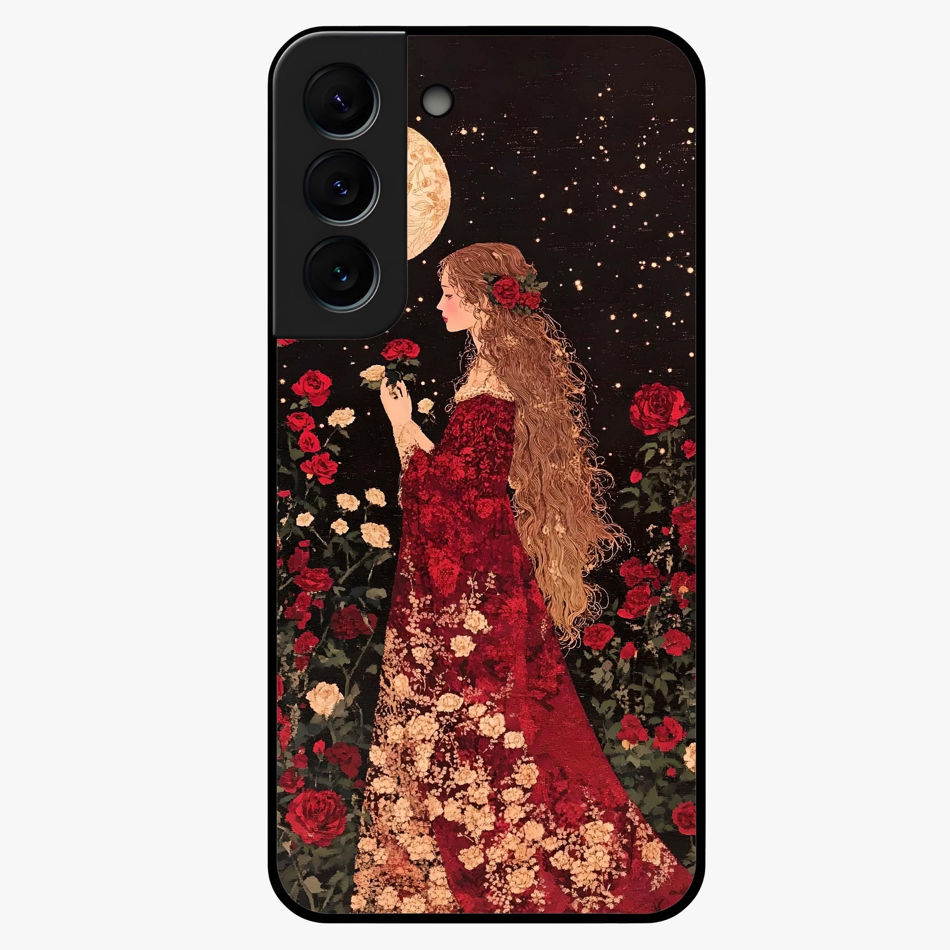 Crimson Dreams Glass Case showing flat back view with dreamy crimson artwork and glossy glass finish.
