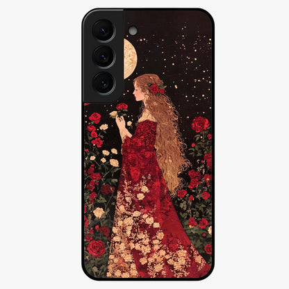 Crimson Dreams Glass Case showing flat back view with dreamy crimson artwork and glossy glass finish.