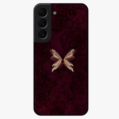 Crimson Fade Butterfly Glass Case showing flat back view with fading butterfly artwork and glossy glass finish.
