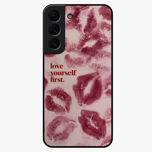 Crimson Kiss Love Glass Case showing flat back view with romantic crimson themed artwork and glossy glass finish.