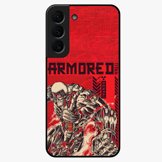 Crimson Mecha Titan Glass Case showing flat back view with powerful mech titan artwork and glossy glass finish.