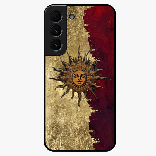 Crimson Sun Majesty Glass Case showing flat back view with radiant sun inspired artwork and glossy glass finish.