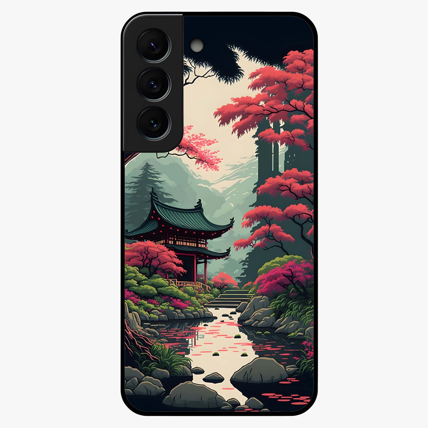 Crimson Temple View Glass Case showing flat back view with temple inspired artwork and glossy glass finish.