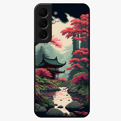 Crimson Temple View Glass Case showing flat back view with temple inspired artwork and glossy glass finish.