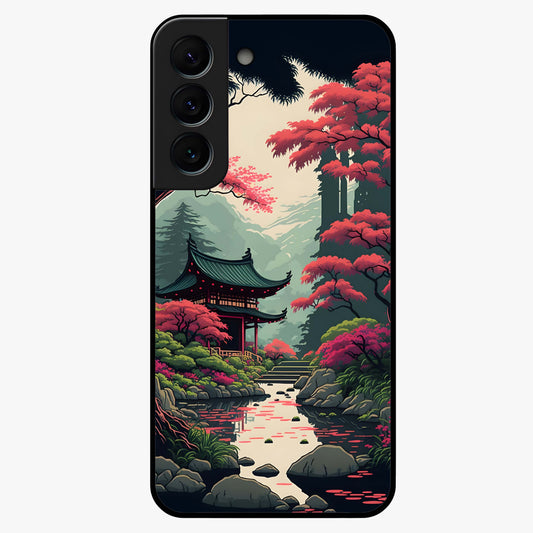 Crimson Temple View Glass Case showing flat back view with temple inspired artwork and glossy glass finish.