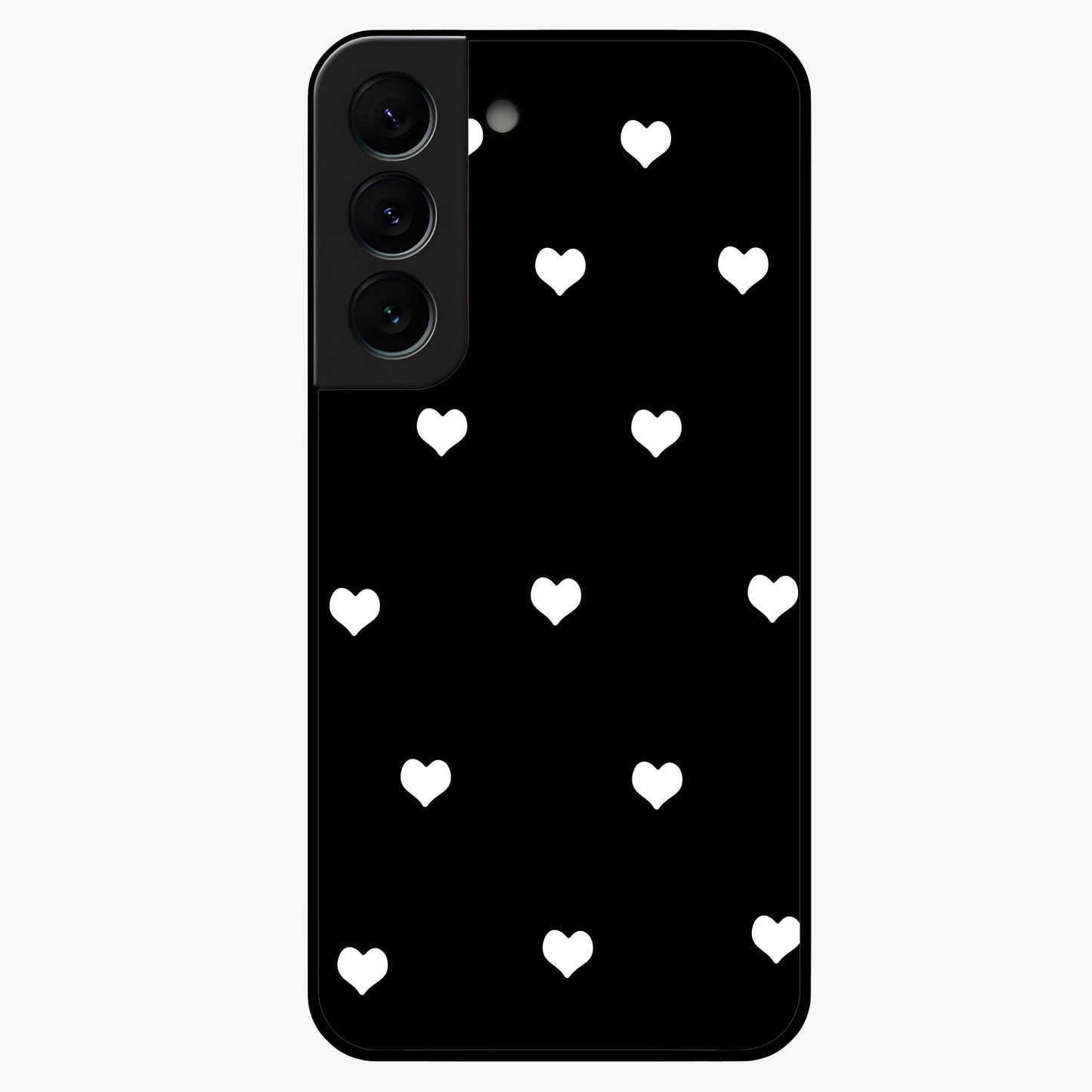 Cute And Simple White Hearts Glass Case showing flat back view with minimal white heart pattern and glossy glass finish.