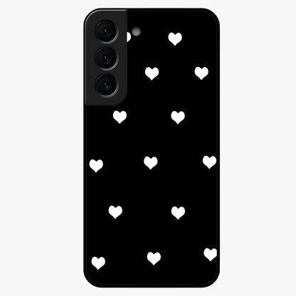 Cute And Simple White Hearts Glass Case showing flat back view with minimal white heart pattern and glossy glass finish.