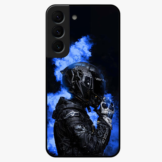 Cyber Sentinel Protocol Glass Case showing flat back view with futuristic cyber themed artwork and glossy glass finish.