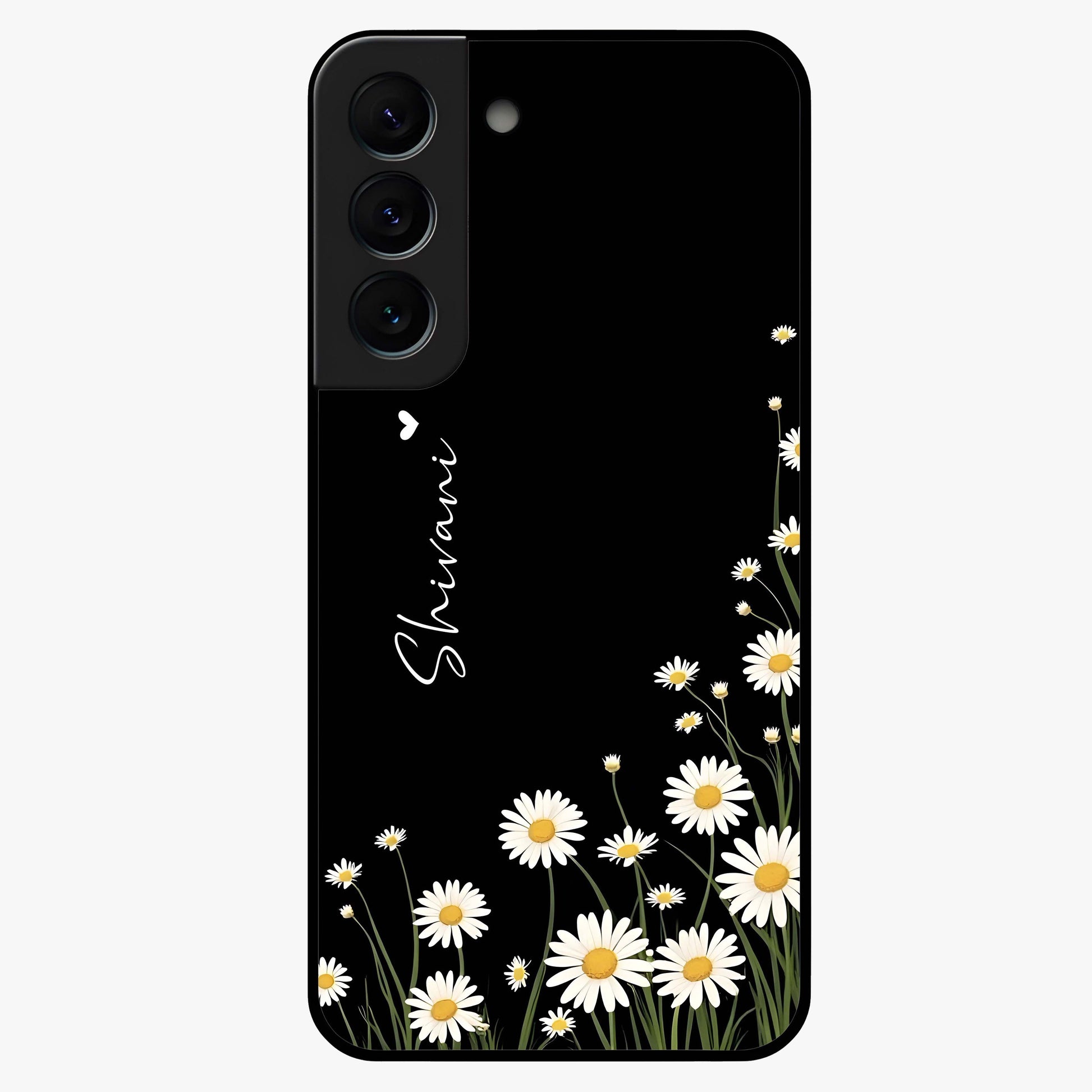 Daisy Cascade Custom Name Glass Case showing flat back view with cascading daisy flowers and personalized name design.