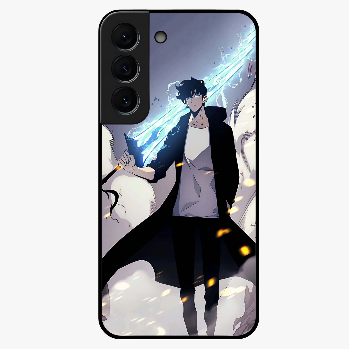 Dark Lightning Anime Warrior Glass Case showing flat back view with intense anime warrior artwork and glossy glass finish.