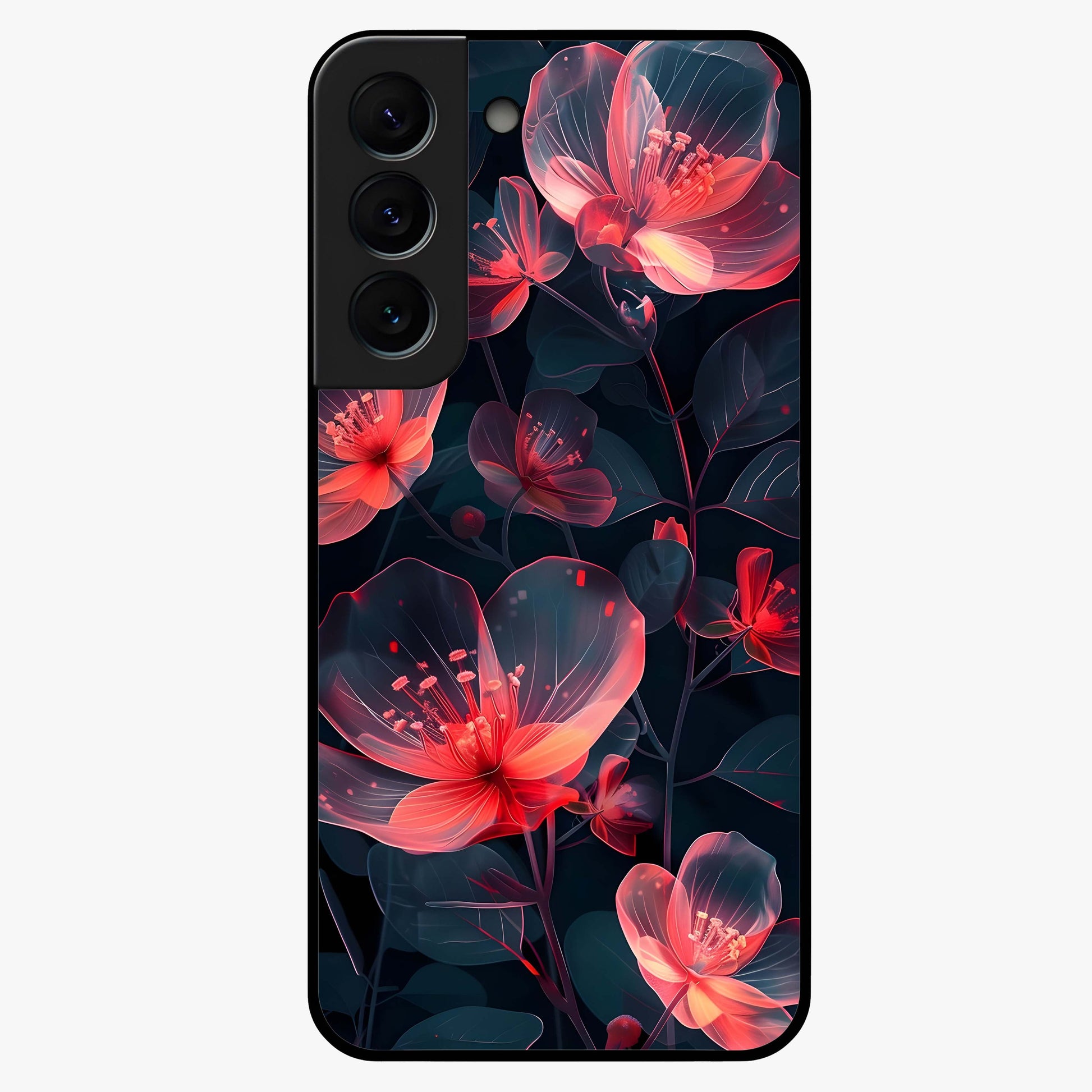 Dark Shade of Flower Glass Case showing flat back view with elegant dark floral artwork and glossy glass finish.