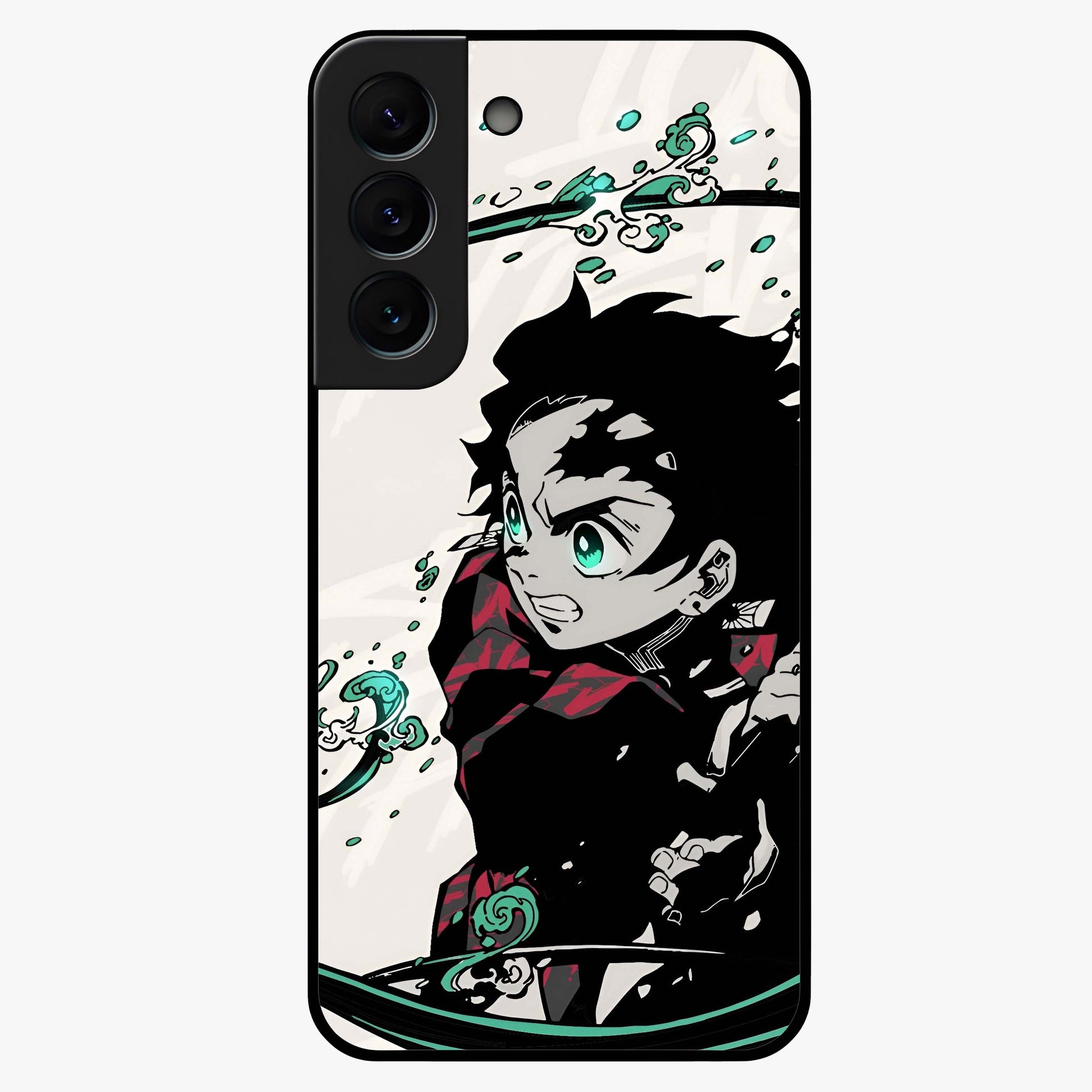 Demon Slayer Glass Case showing flat back view with bold anime inspired artwork and glossy glass finish.