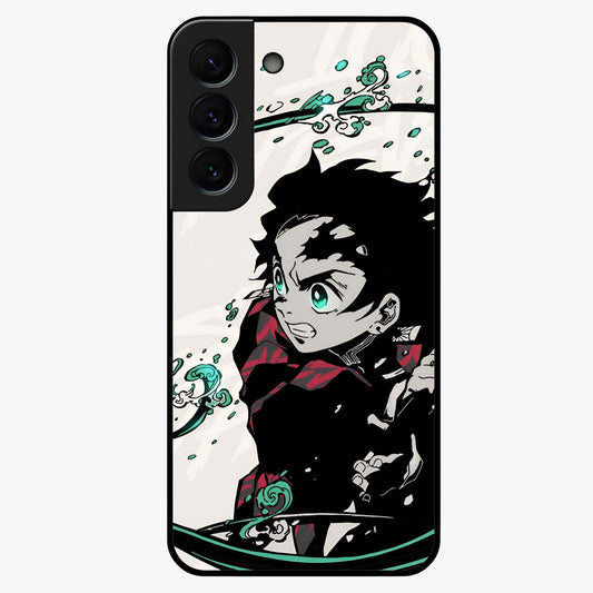 Demon Slayer Glass Case showing flat back view with bold anime inspired artwork and glossy glass finish.