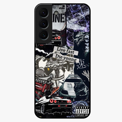 Die Young Glass Case showing flat back view with bold artistic typography design and glossy glass finish.