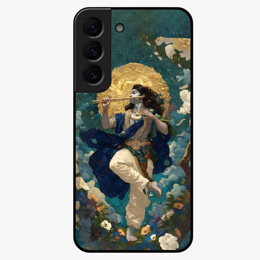 Divine Krishna Art Glass Case showing flat back view with Lord Krishna artwork and glossy glass finish.