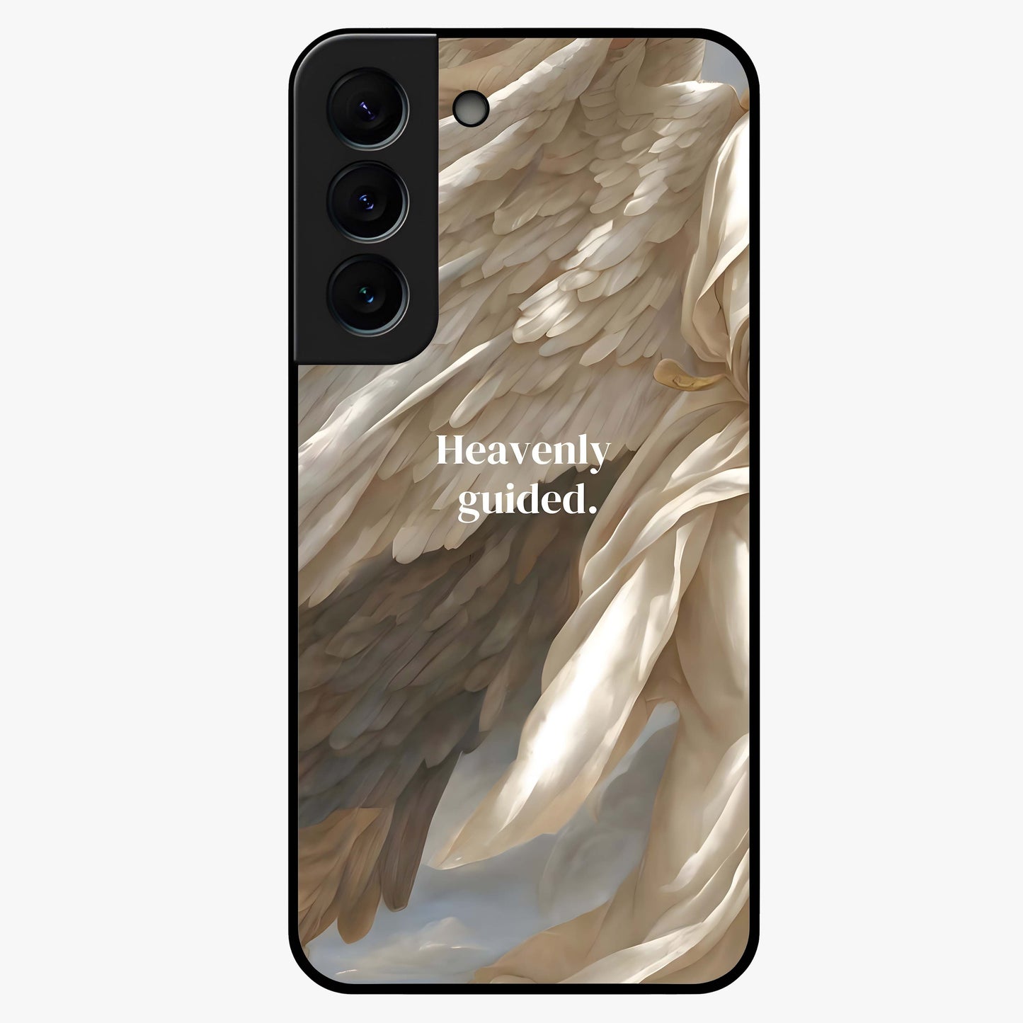Divine Winged Grace Glass Case showing flat back view with elegant wing inspired artwork and glossy glass finish.