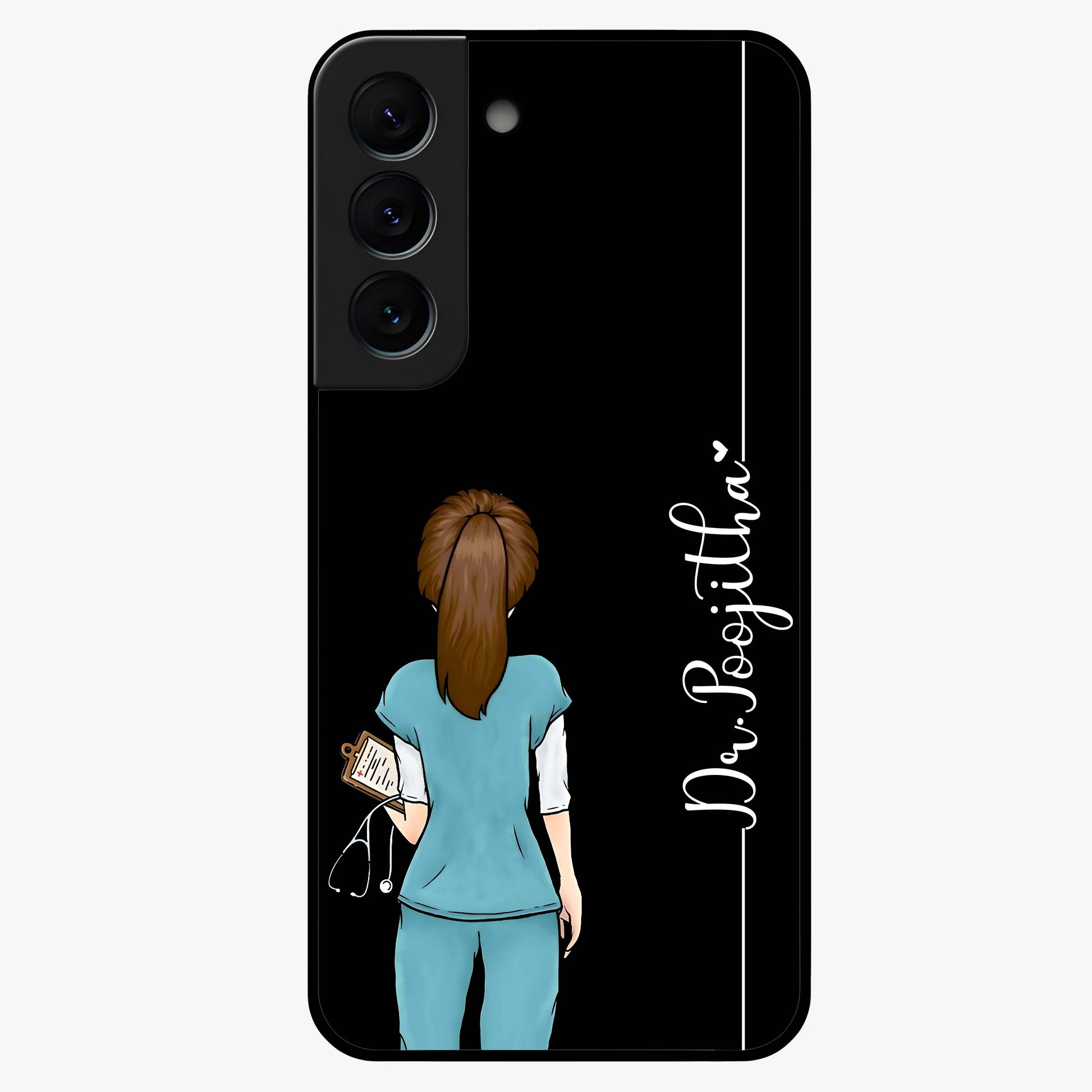 Doctor Pattern Custom Name Glass Case showing flat back view with medical themed pattern and personalized name design.