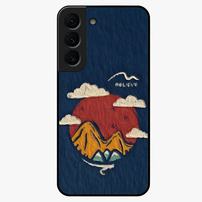 Dream Beyond Mountains Glass Case showing flat back view with scenic mountain landscape artwork and glossy glass finish.