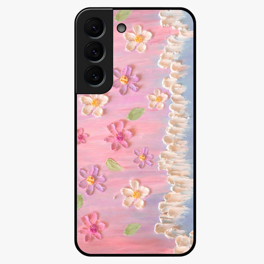 Dreamy Painted Garden Glass Case showing flat back view with artistic painted floral garden artwork and glossy glass finish.
