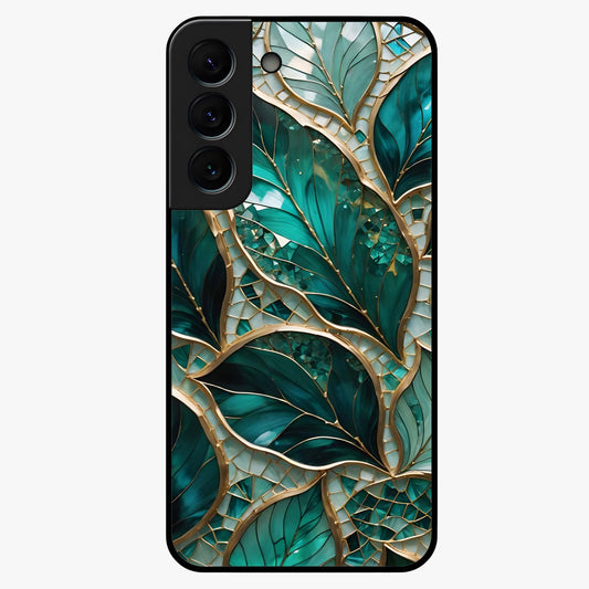 Emerald Leaf Glass Glass Case showing flat back view with emerald green leaf artwork and glossy glass finish.