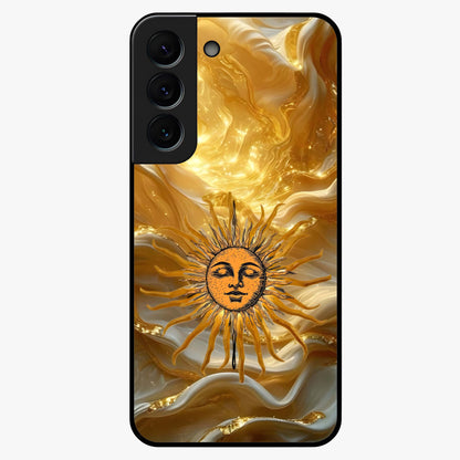 Eternal Golden Glow Glass Case showing flat back view with radiant golden themed artwork and glossy glass finish.