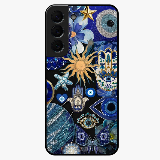 Evil Eye Charm Mix Glass Case showing flat back view with multiple evil eye charms artwork and glossy glass finish.