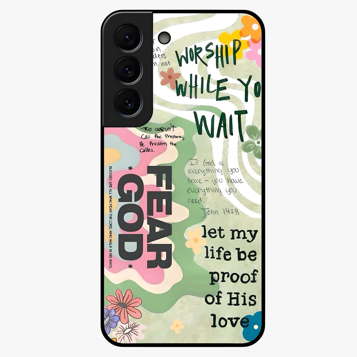 Faith Over Fear Glass Case showing flat back view with motivational typography artwork and glossy glass finish.