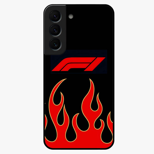 Fire F11 Glass Case showing flat back view with fiery themed artwork and glossy glass finish.