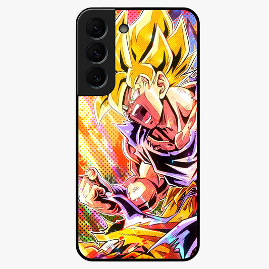 Firing Goku Glass Case showing flat back view with powerful anime inspired artwork and glossy glass finish.