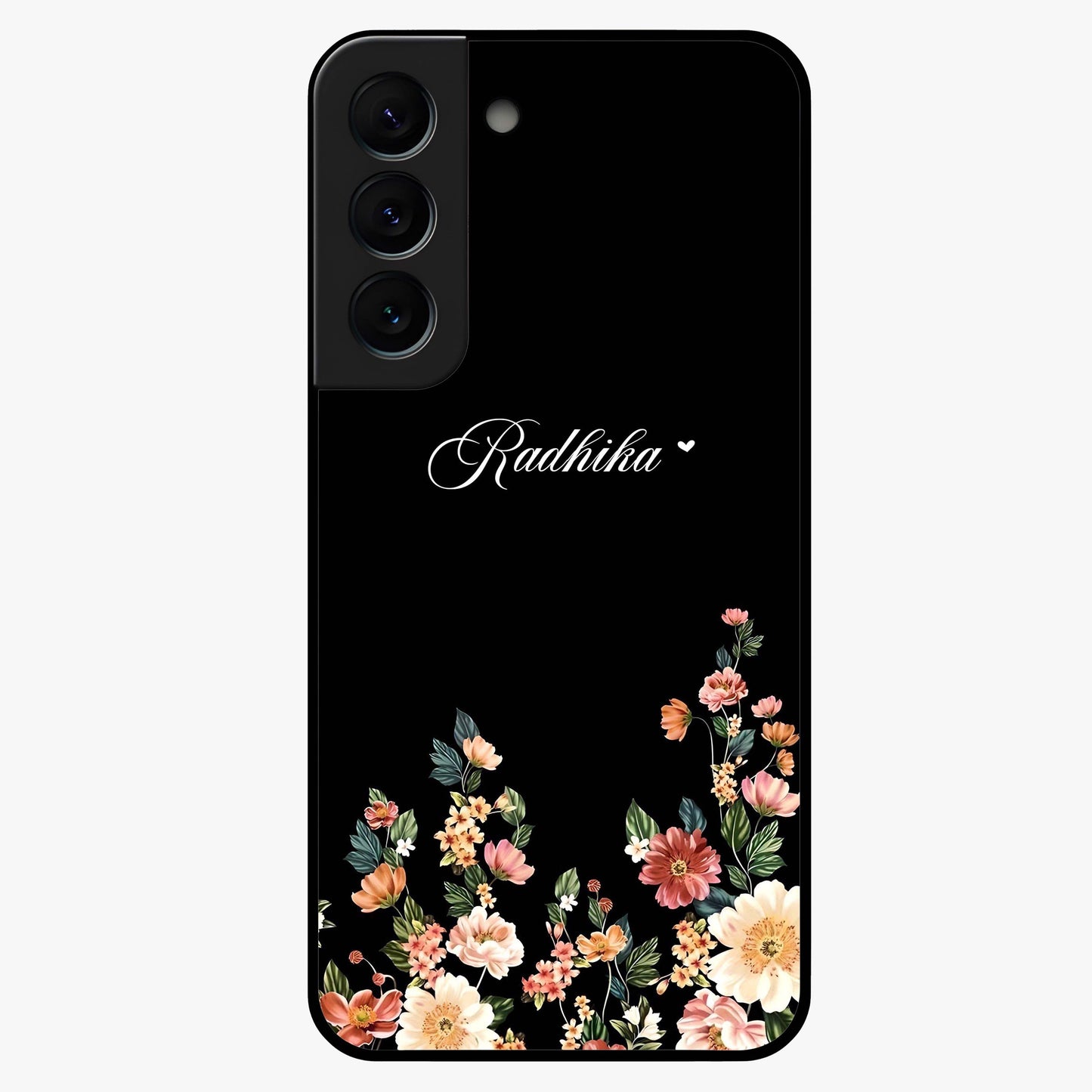 Floral Design With a Custom Personalized Name Glass Case showing flat back view with floral artwork and personalized name design.