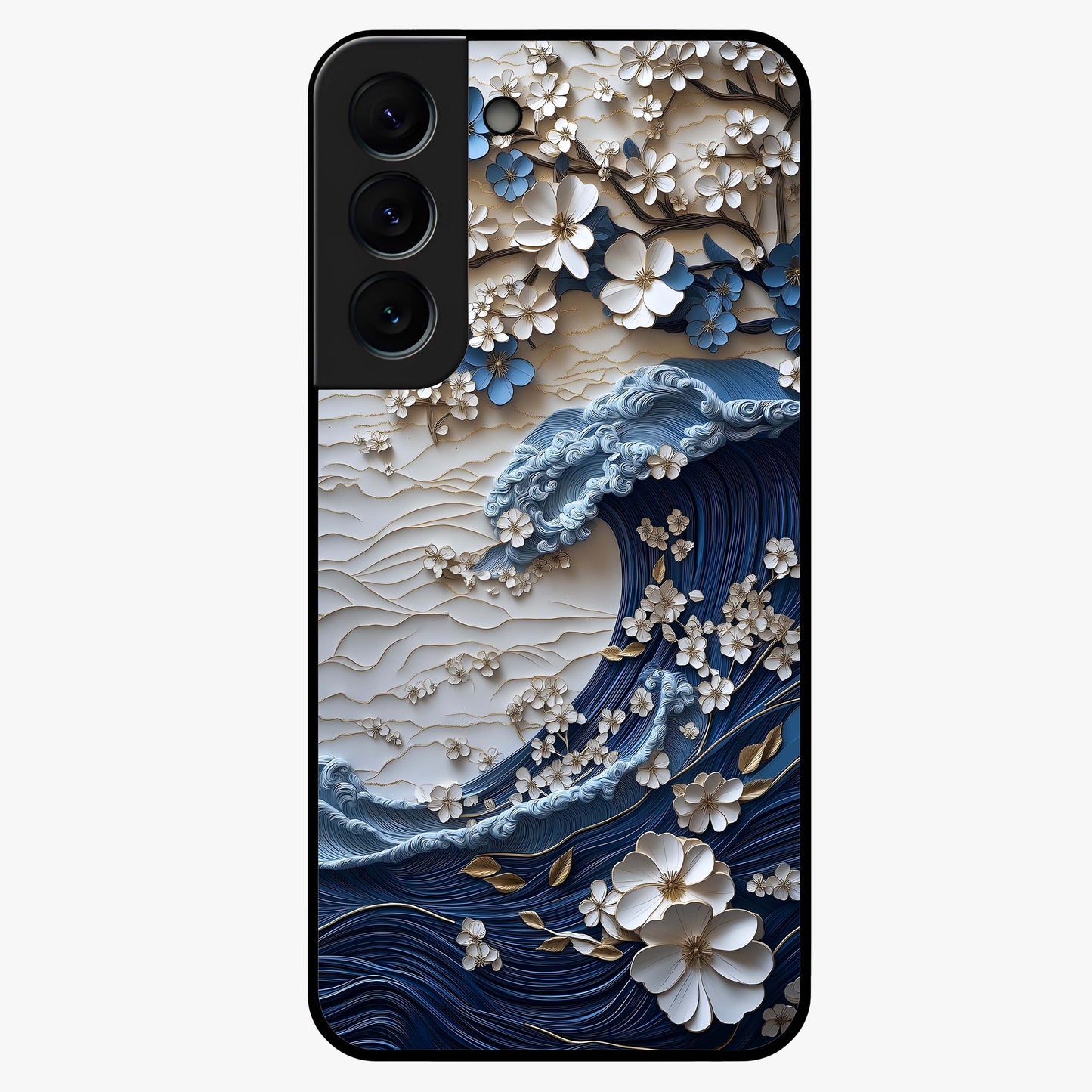 Floral Wave Origami Glass Case showing flat back view with origami inspired floral wave artwork and glossy glass finish.