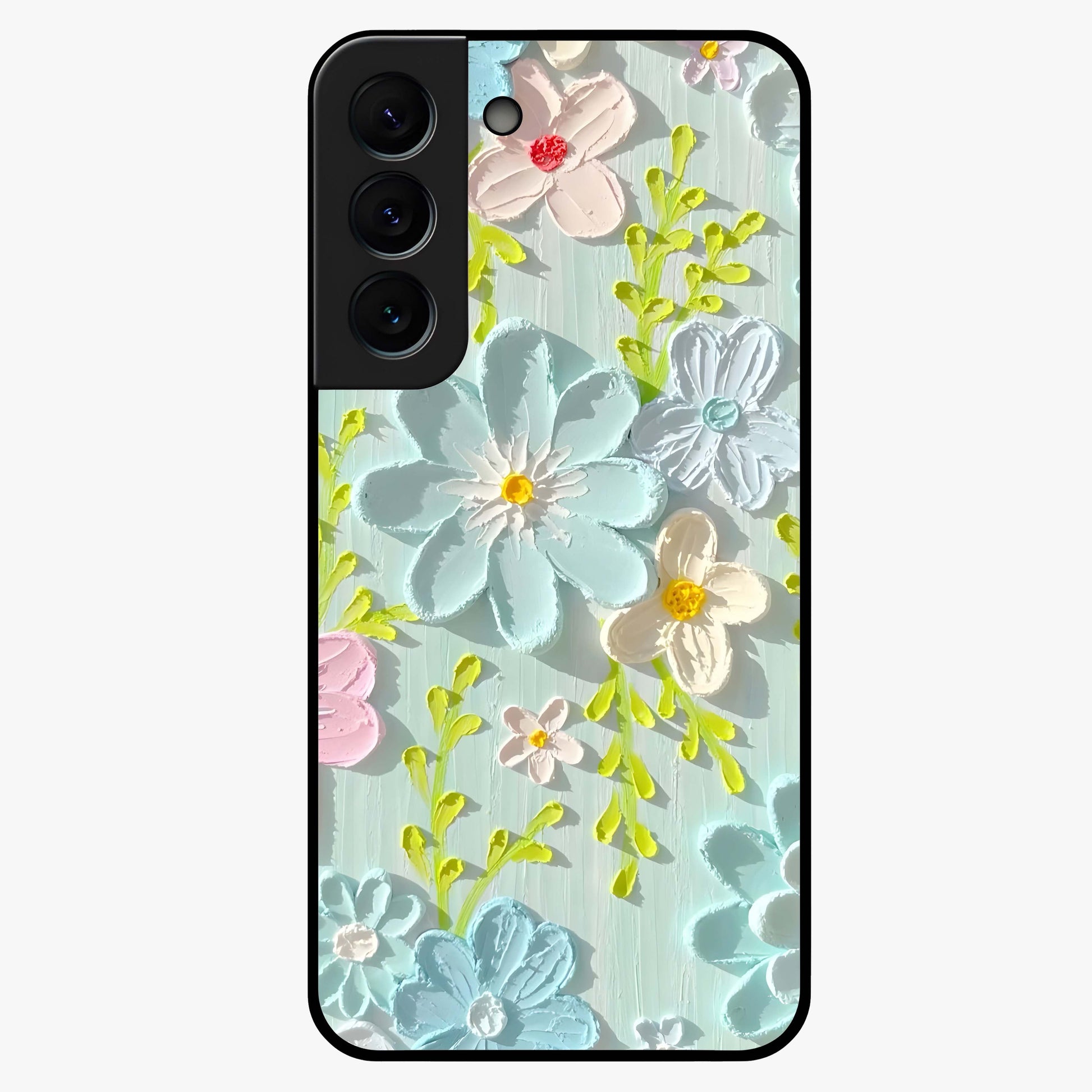 Frosted Petal Garden Glass Case showing flat back view with soft frosted floral artwork and glossy glass finish.