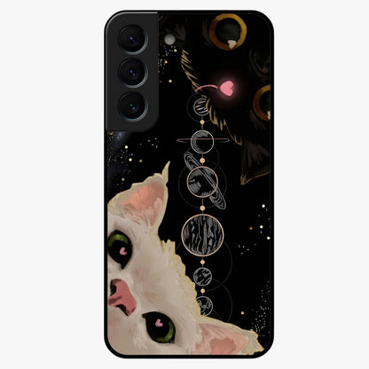 Galactic Cat Glass Case showing flat back view with cosmic cat artwork and glossy glass finish.