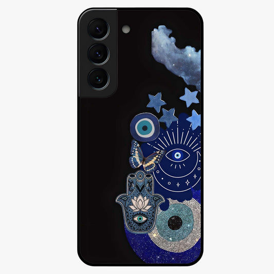 Galactic Charm Cluster Glass Case showing flat back view with glowing celestial charm artwork and glossy glass finish.