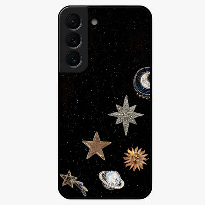 Galactic Charm Glow Glass Case showing flat back view with glowing celestial charm artwork and glossy glass finish.