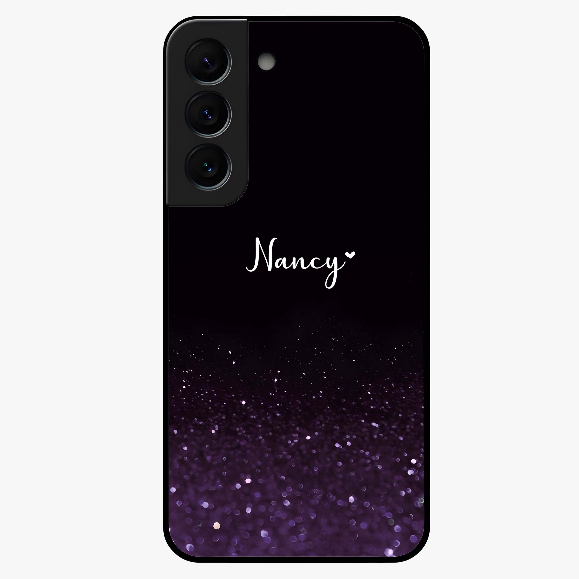 Glittery Purple Bokeh Custom Name Glass Case showing flat back view with purple bokeh sparkle artwork and personalized name design.