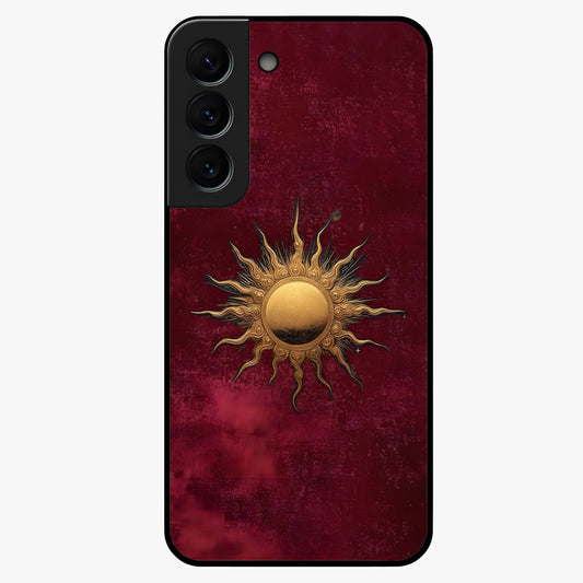 Gold Sun Blush Glass Case showing flat back view with golden sun inspired artwork and glossy glass finish.