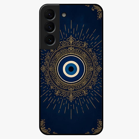Golden Evil Eye Mandala Glass Case showing flat back view with intricate evil eye mandala artwork and glossy glass finish.