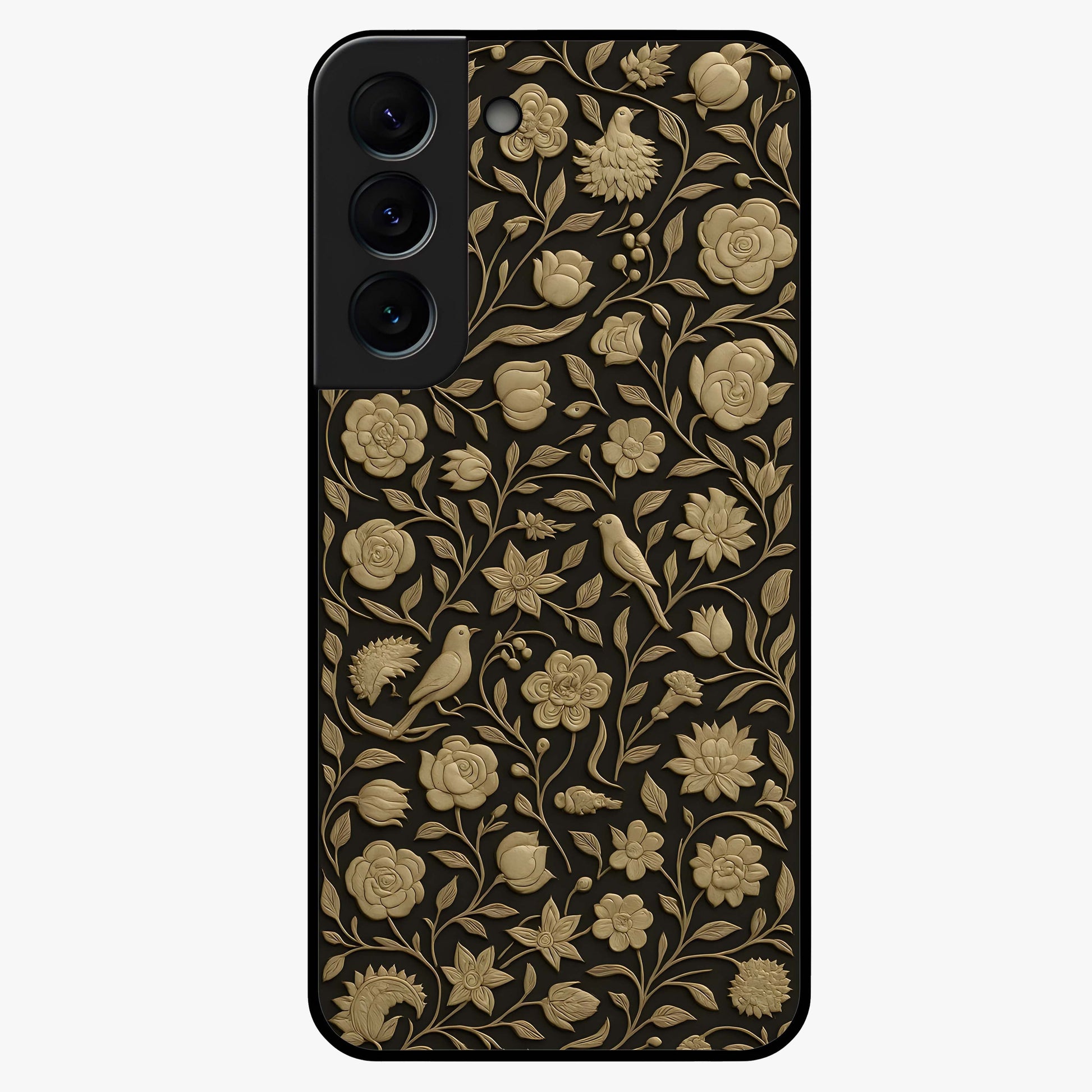Golden Floral Majesty Glass Case showing flat back view with luxurious golden floral artwork and glossy glass finish.