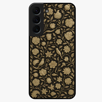 Golden Floral Majesty Glass Case showing flat back view with luxurious golden floral artwork and glossy glass finish.
