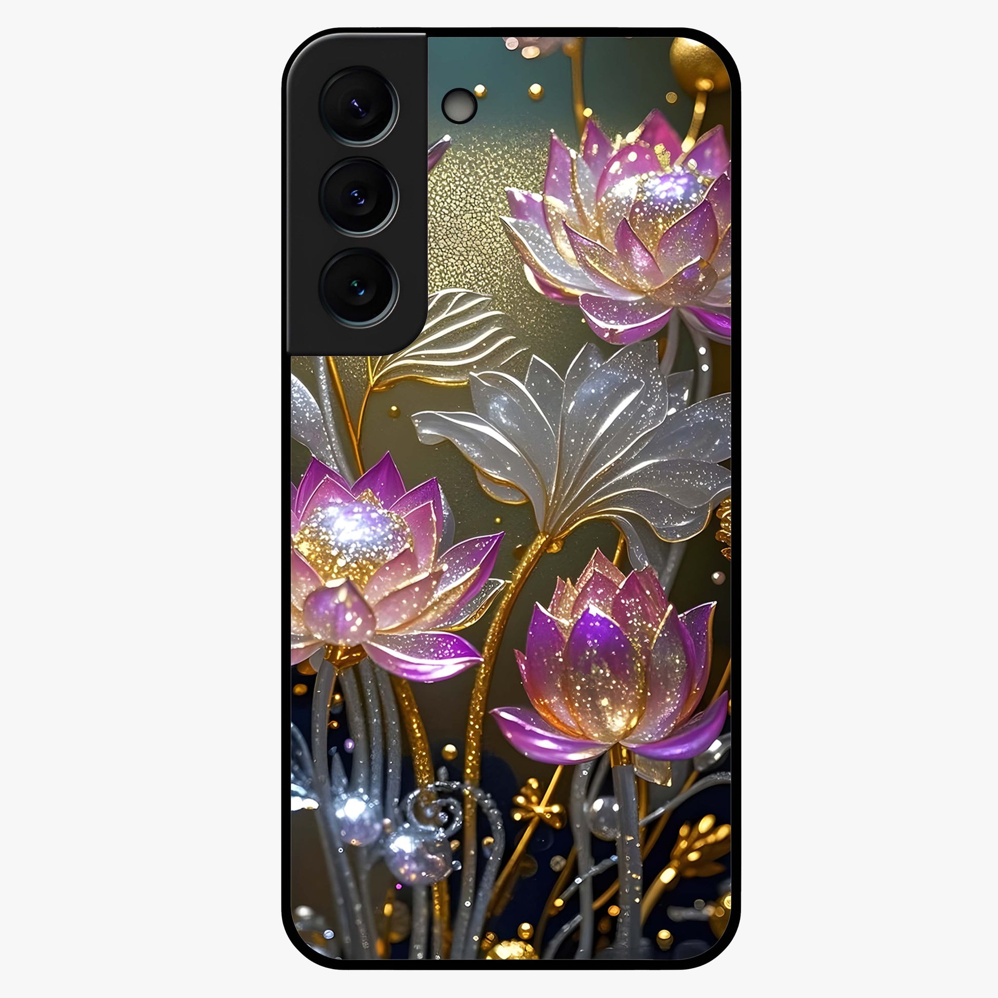 Golden Lotus Glow Glass Case showing flat back view with glowing lotus flower artwork and glossy glass finish.
