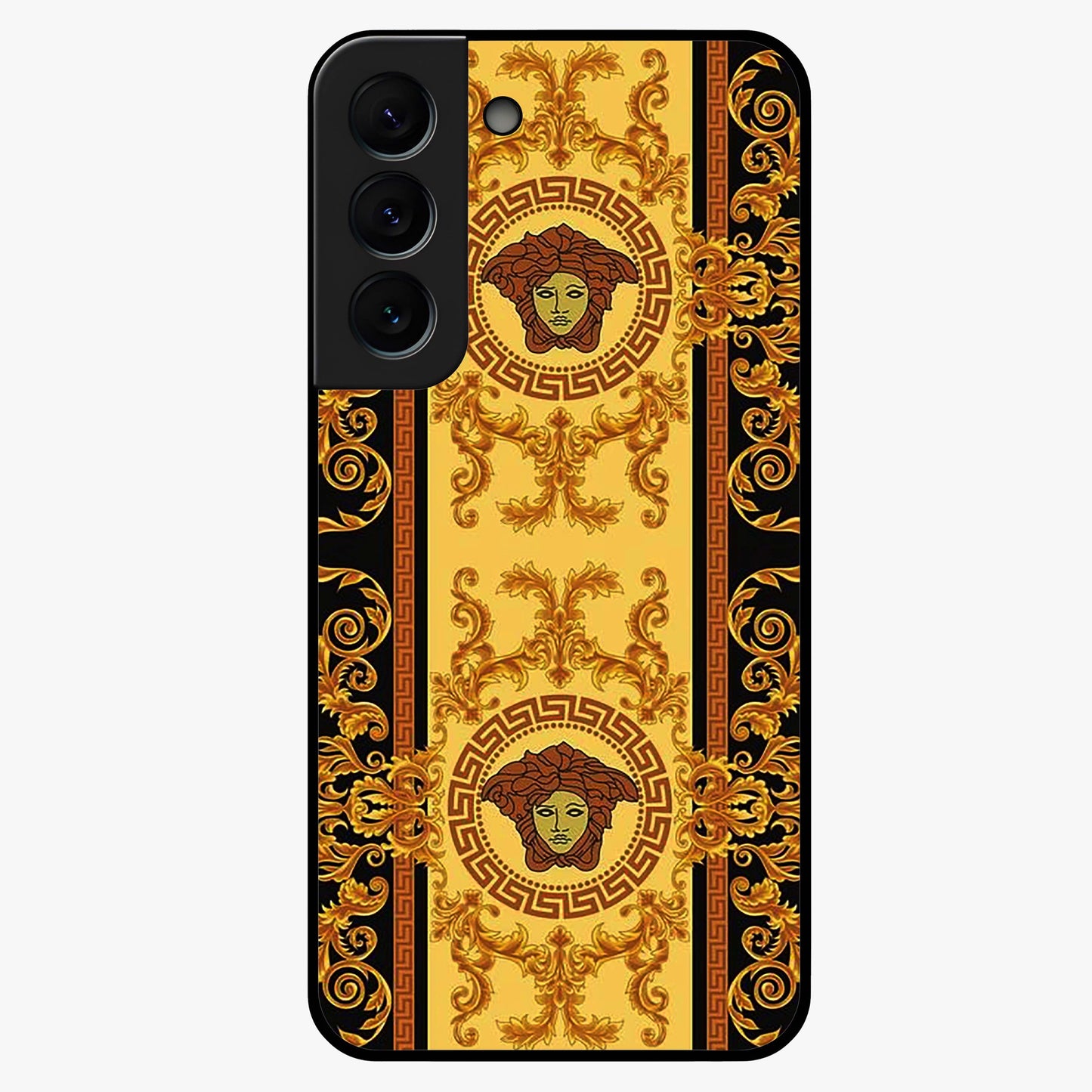 Golden Royal Heritage Glass Case showing flat back view with ornate royal pattern artwork and glossy glass finish.