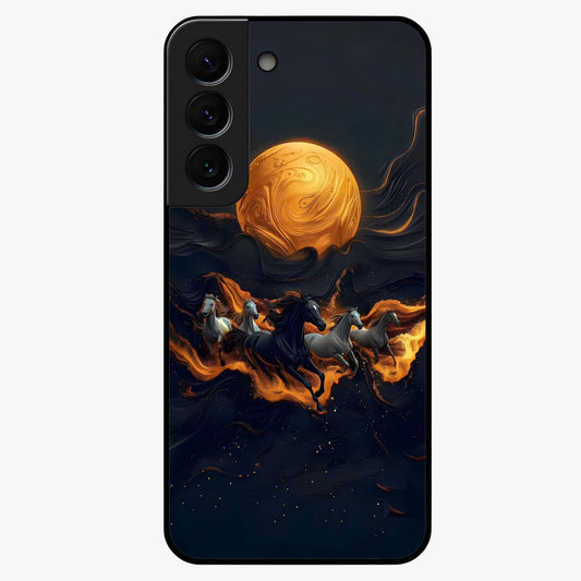 Golden Stallion Moonride Glass Case showing flat back view with majestic horse under moonlight artwork and glossy glass finish.
